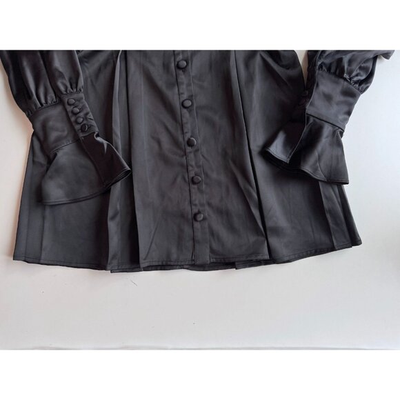 MAJORELLE Maritzia Black Satin Pleated Mini Fit & Flare Shirt Dress, Size L - Picture 8 of 11